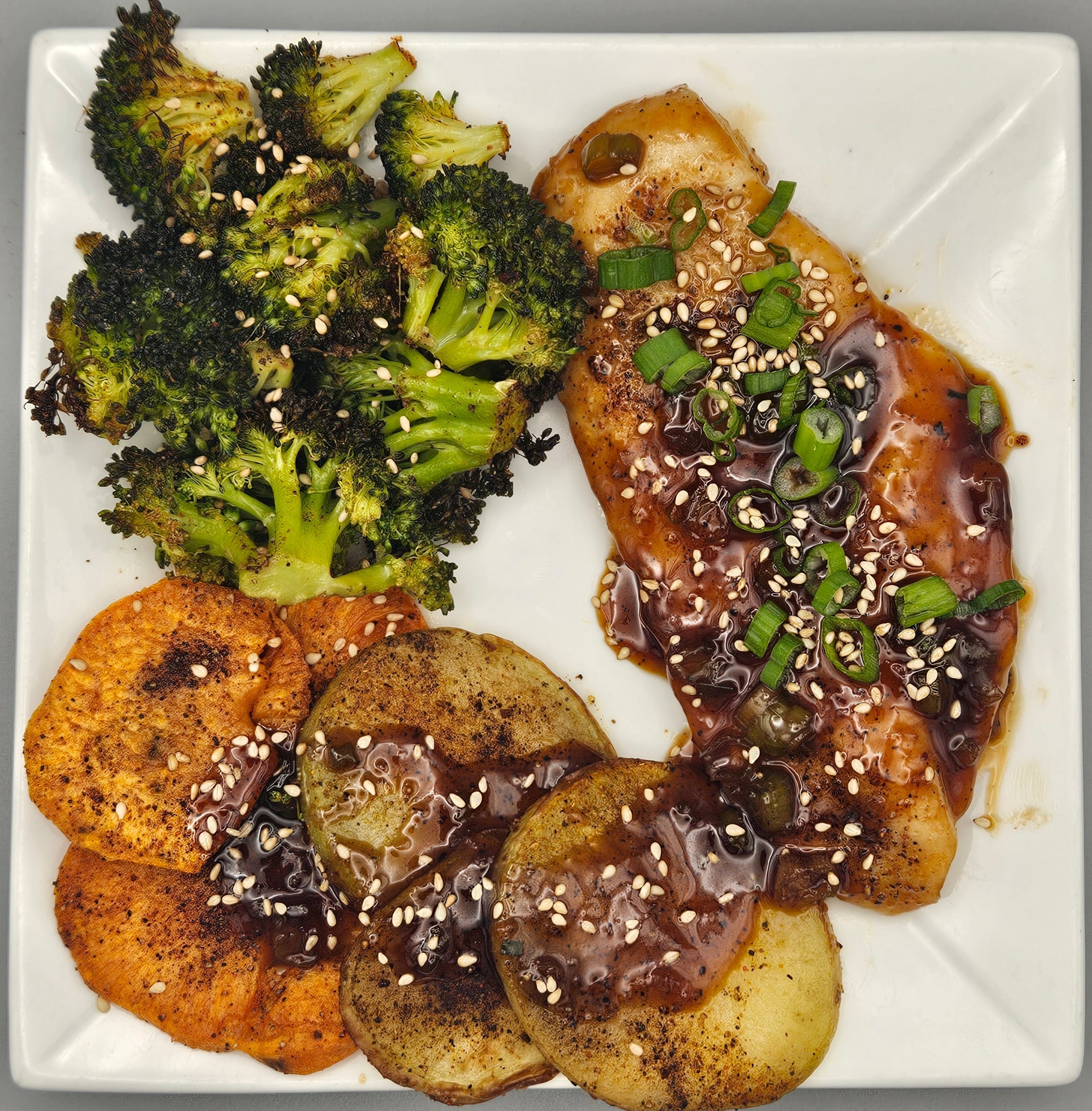 Hoisin-Sriracha Honey Glazed Chicken with Ginger-Roasted Broccoli & Sweet Potatoes