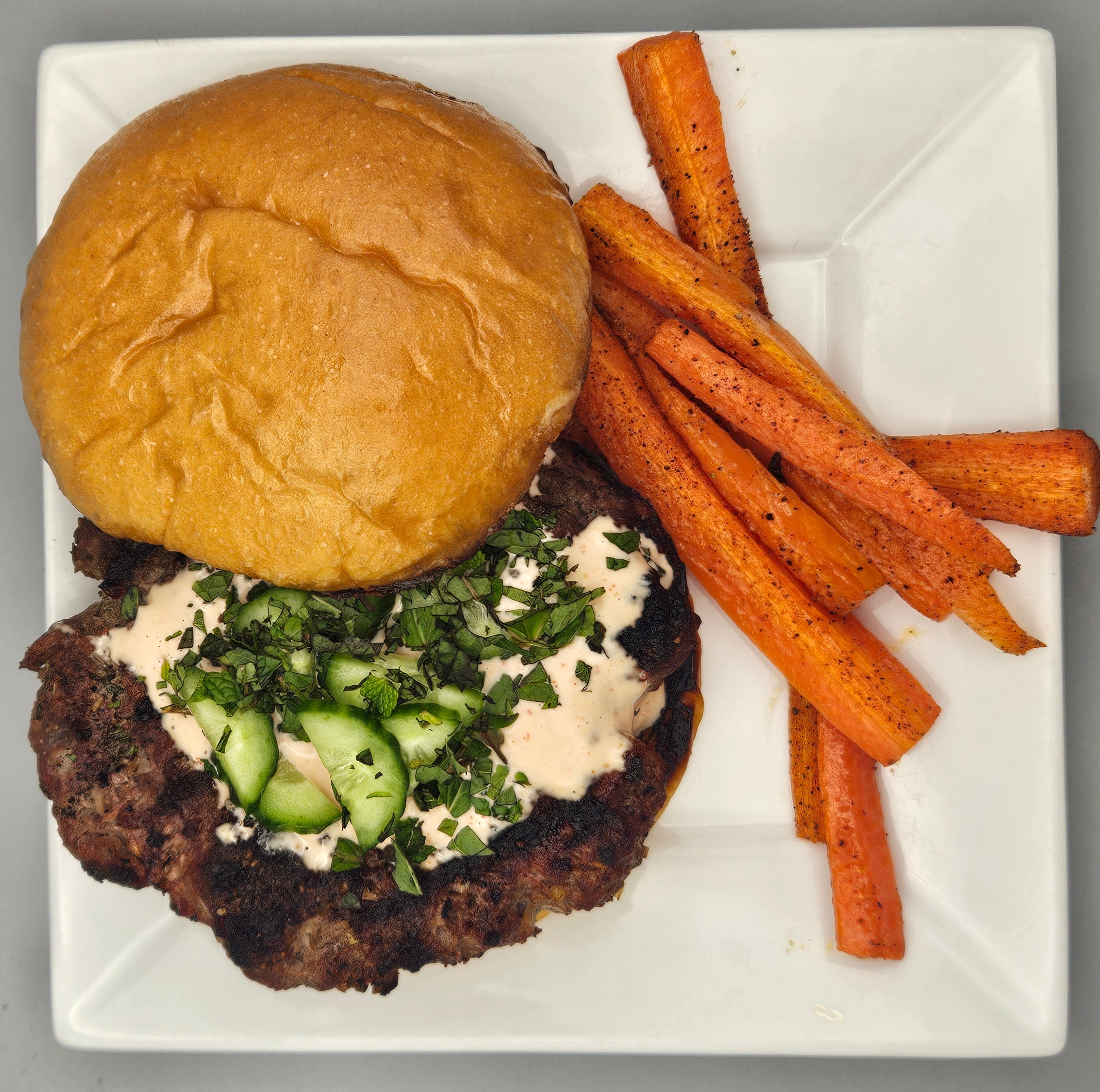 Bahn Mi Burgers with Sriracha Lime Mayo and Roasted Carrots