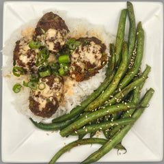 Spicy Meatballs Over Jasmine Rice with Roasted Green Beans & Creamy Firecracker Sauce