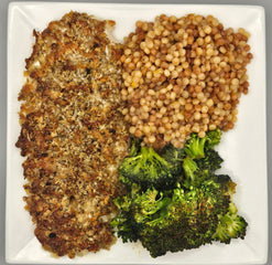 Mozzarella and Panko Chicken with Roasted Broccoli and Lemony Couscous