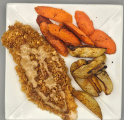 Crispy Panko Crusted Maple Mustard Chicken with Roasted Carrots and Potatoes