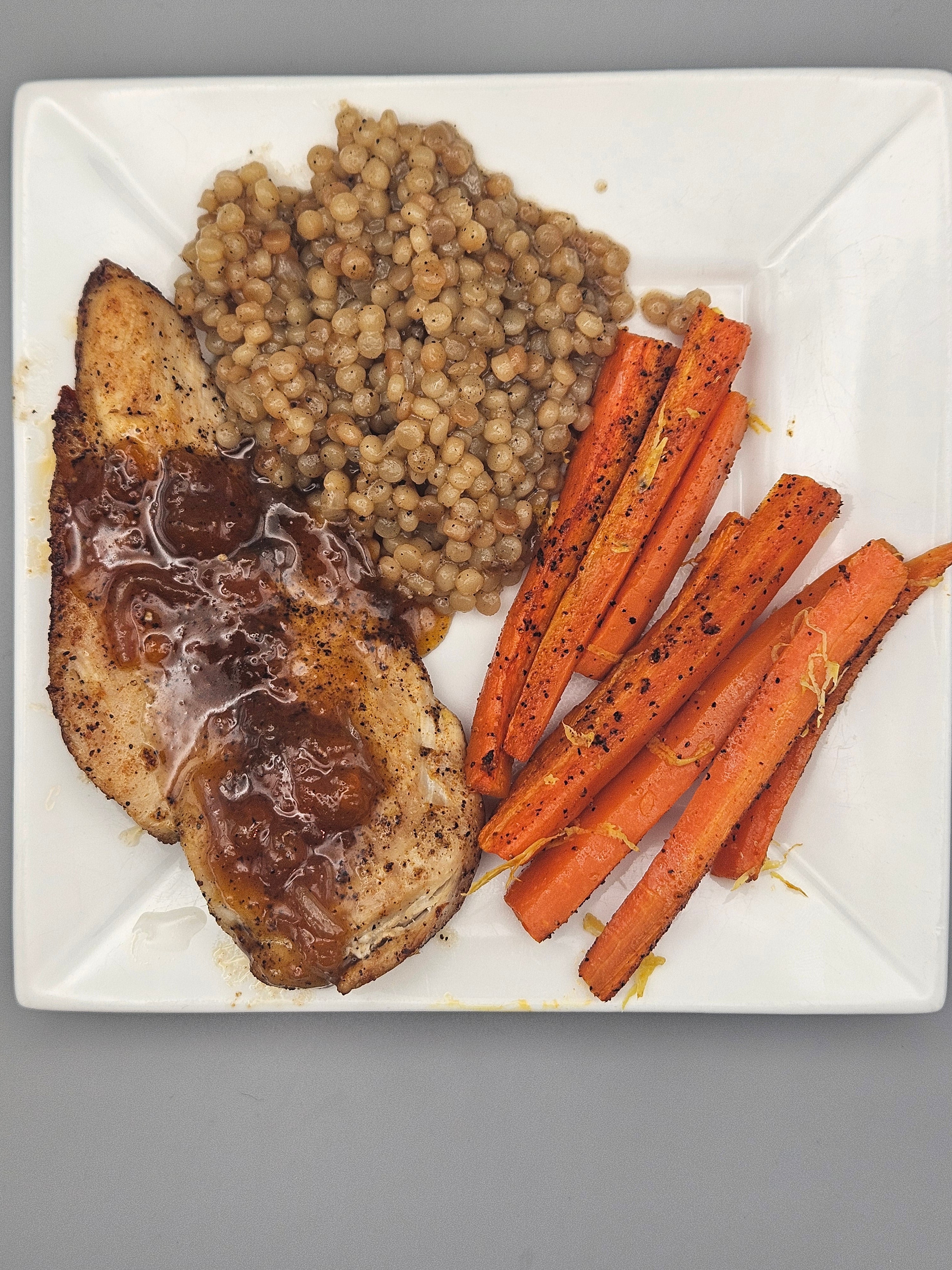 Chicken with Apricot-Shallot Pan Sauce with Roasted Carrots and Couscous