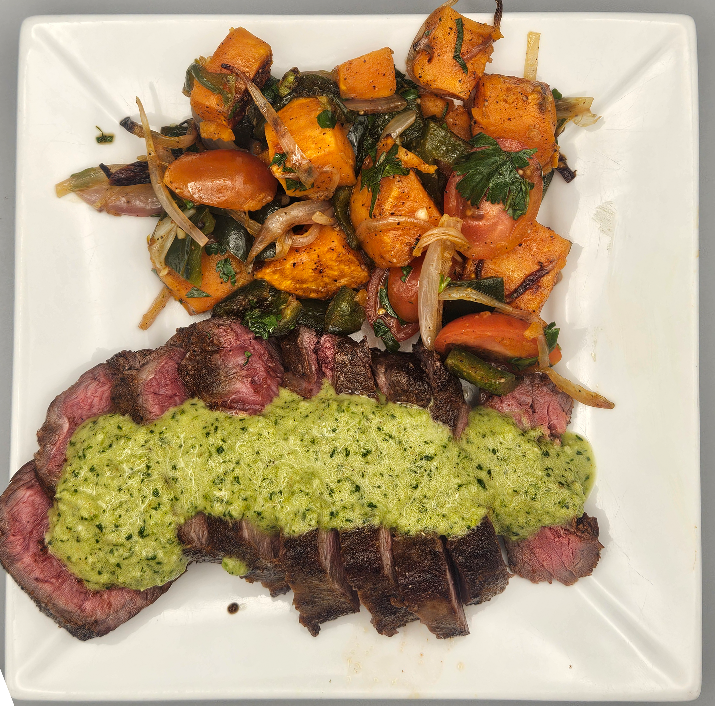 Chimichurri Steak with Sweet Potato Poblano Medley